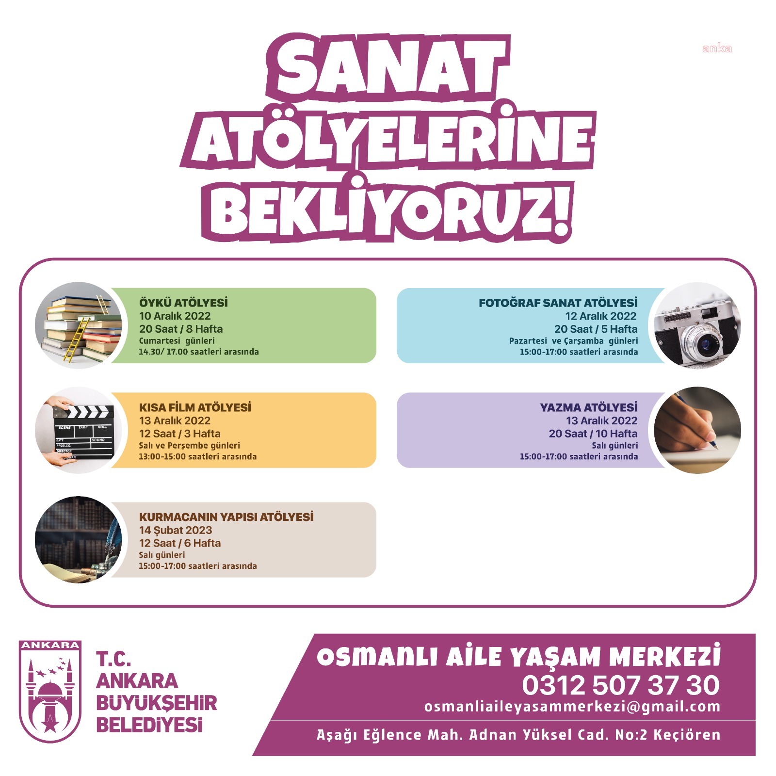 ANKARA BÜYÜKŞEHİR BELEDİYESİ SANAT ATÖLYELERİ AÇIYOR