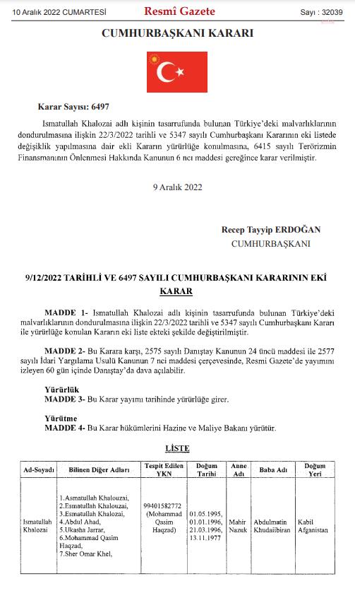 TÜRKİYE'DEKİ MAL VARLIĞI MARTTA DONDURULAN IŞİD-HORASAN BAĞLANTILI KHALOZAİ'NİN KİMLİK BİLGİLERİ GÜNCELLENDİ