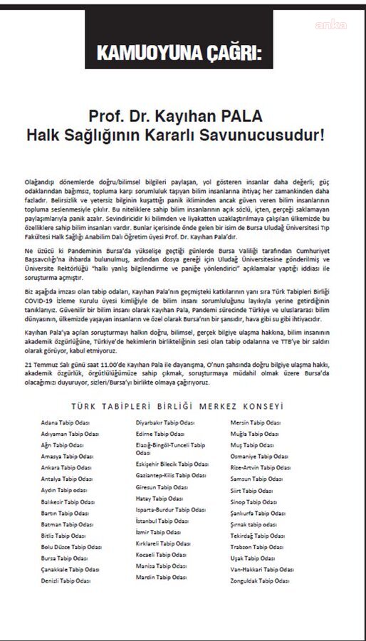 44 TABİP ODASI, KAYIHAN PALA İÇİN İLAN YAYIMLADI: AÇIKLAN SORUŞTURMA ODALARA VE TTB’YE SALDIRIDIR