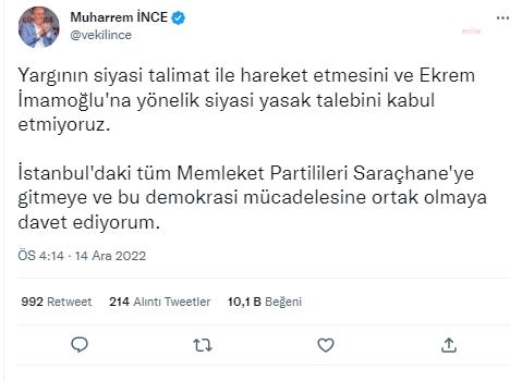 İNCE'DEN İMAMOĞLU'NA DESTEK: "TÜM SİYASİ PARTİLİLERİ SARAÇHANE'YE DAVET EDİYORUM"