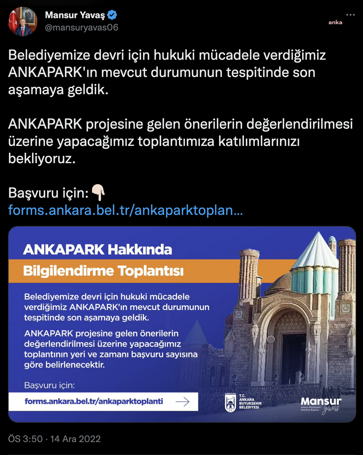 MANSUR YAVAŞ’TAN BAŞKENTLİLERE ‘ANKAPARK BİLGİLENDİRME VE FİKİR ALIŞVERİŞİ TOPLANTISI’NA KATILIM ÇAĞRISI