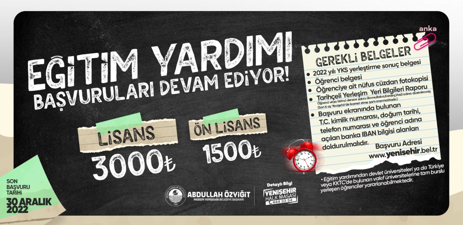 YENİŞEHİR BELEDİYESİ'NİN EĞİTİM YARDIMI BAŞVURULARI DEVAM EDİYOR