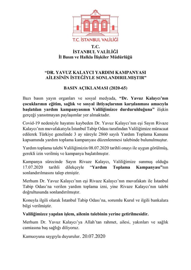 İSTANBUL VALİLİĞİ: YARDIM KAMPANYASI AİLESİNİN İSTEĞİYLE SONLANDIRILMIŞTIR