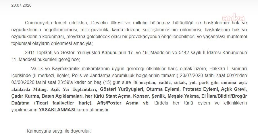 HAKKARİ'DE 15 GÜN AÇLIK GREVİ YAPMAK YASAKLANDI