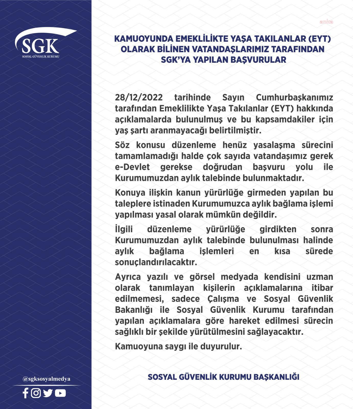 SGK'DAN EYT AÇIKLAMASI: KANUN YÜRÜRLÜĞE GİRMEDEN AYLIK BAĞLANMASI MÜMKÜN DEĞİL