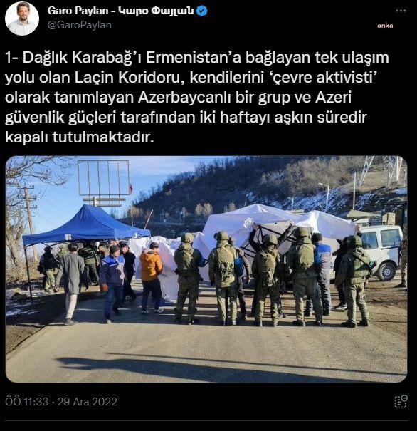 GARO PAYLAN’DAN CUMHURBAŞKANI ERDOĞAN’A 'LAÇİN KORİDORU' ÇAĞRISI: "TÜRKİYE DAĞLIK KARABAĞ'DA BÜYÜYEN İNSANİ KRİZE DUYARSIZ KALMAMALIDIR"