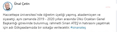 İYİ PARTİLİ BELEDİYE BAŞKANI ÜNAL ÇETİN: "SİNAN ATEŞ'İN ADI GÖKÇEADAMIZDA BİR SOKAĞA VERİLECEK"