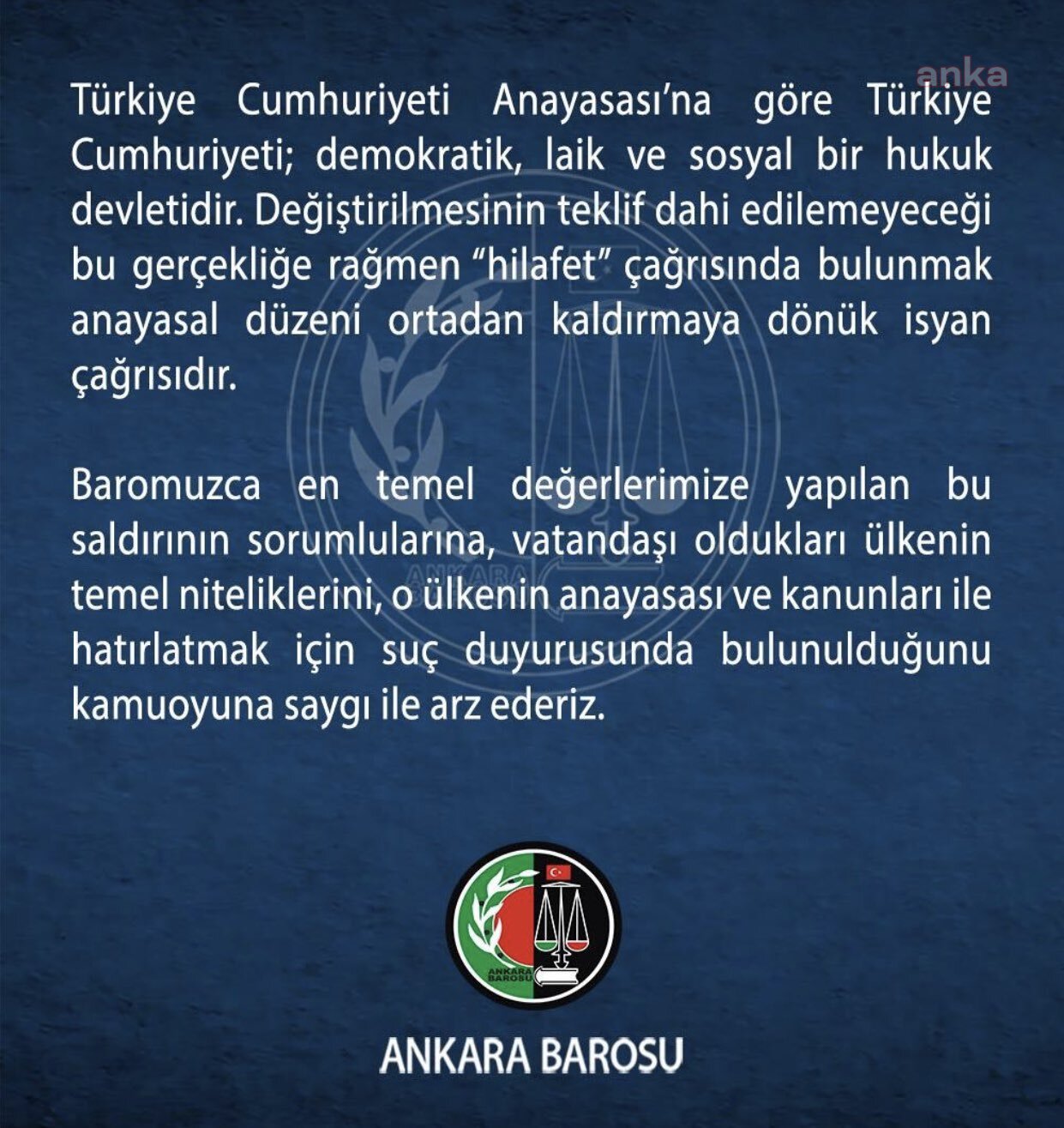 ANKARA BAROSU, 'HİLAFET ÇAĞRISI' HAKKINDA SUÇ DUYURUSUNDA BULUNDU