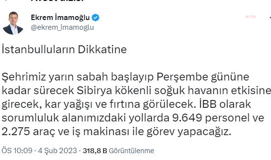 İMAMOĞLU: "ŞEHRİMİZ YARIN SABAH BAŞLAYIP PERŞEMBE GÜNÜNE KADAR SÜRECEK SİBİRYA KÖKENLİ SOĞUK HAVANIN ETKİSİNE GİRECEK, KAR YAĞIŞI VE FIRTINA GÖRÜLECEK”