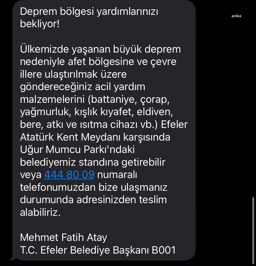 EFELER BELEDİYESİ’NDEN DEPREM BÖLGELERİNE YARDIM ÇAĞRISI