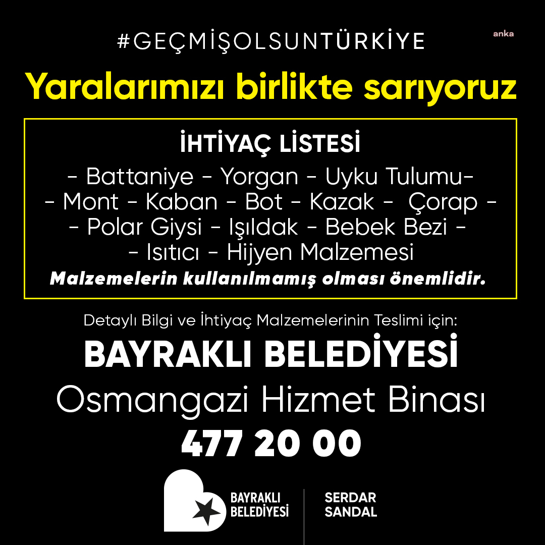 BAYRAKLI BELEDİYESİ’NDEN DEPREMDEN ETKİLENEN YURTTAŞLAR İÇİN YARDIM ÇAĞRISI
