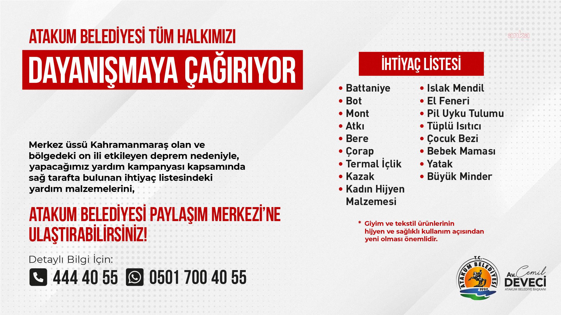 ATAKUM BELEDİYESİ’NDEN DEPREM SONRASI DAYANIŞMA ÇAĞRISI