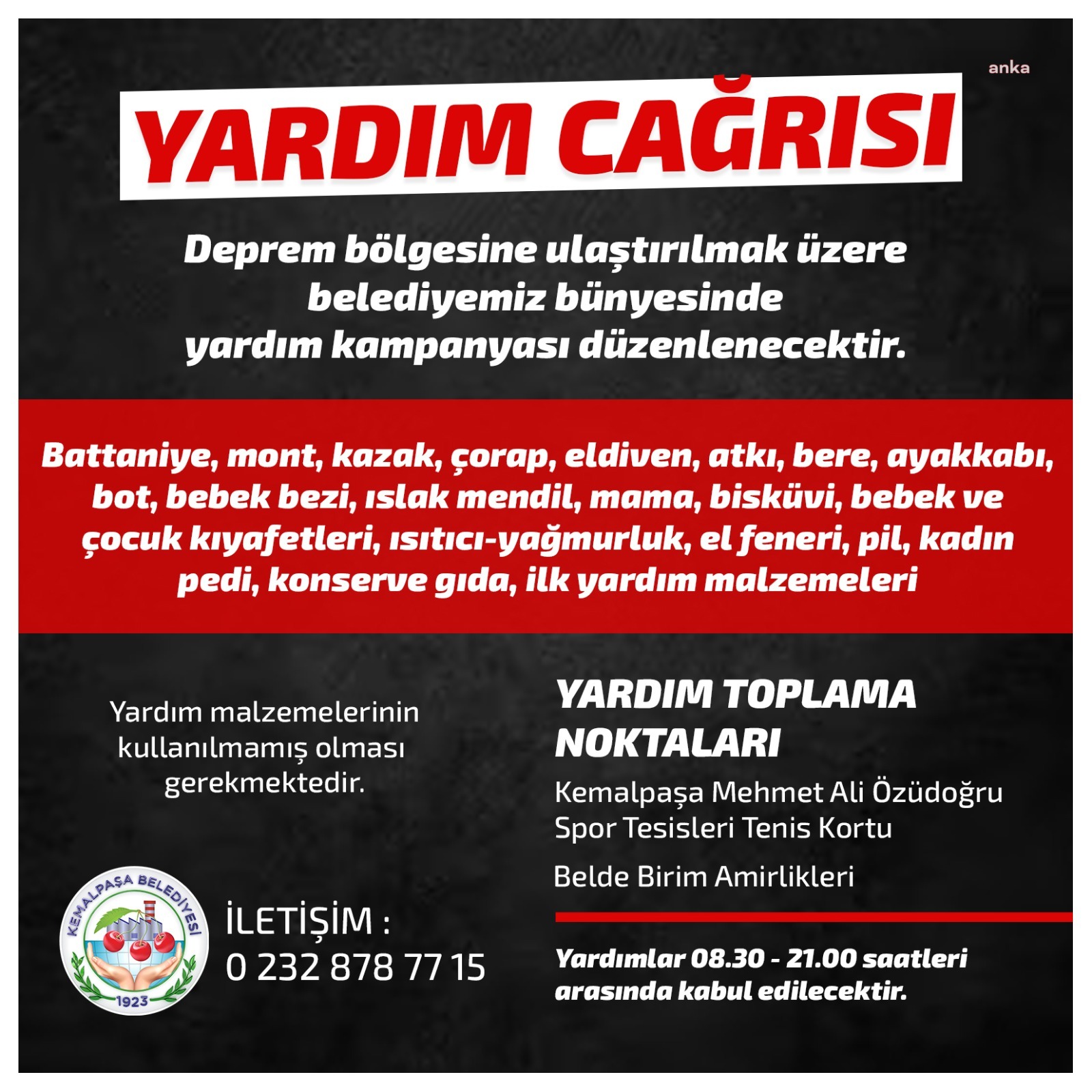KEMALPAŞA BELEDİYESİ, DEPREMDEN ETKİLENEN YURTTAŞLAR İÇİN YARDIM KAMPANYASI BAŞLATTI