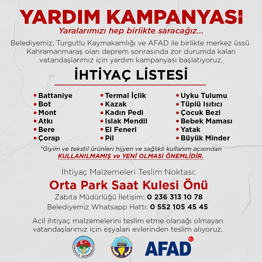 MANİSA TURGUTLU'DA DEPREMZEDELER İÇİN YARDIM KAMPANYASI