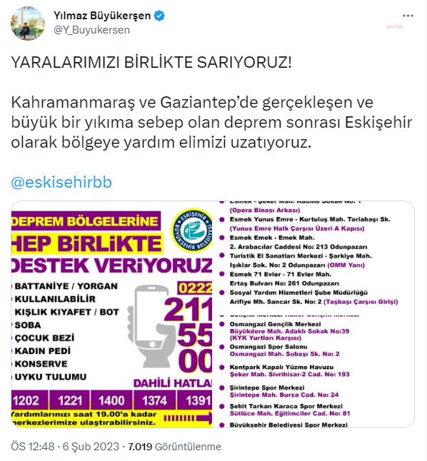 ESKİŞEHİR BÜYÜKŞEHİR’DEN DEPREMDEN ETKİLENEN BÖLGELERE YARDIM ELİ