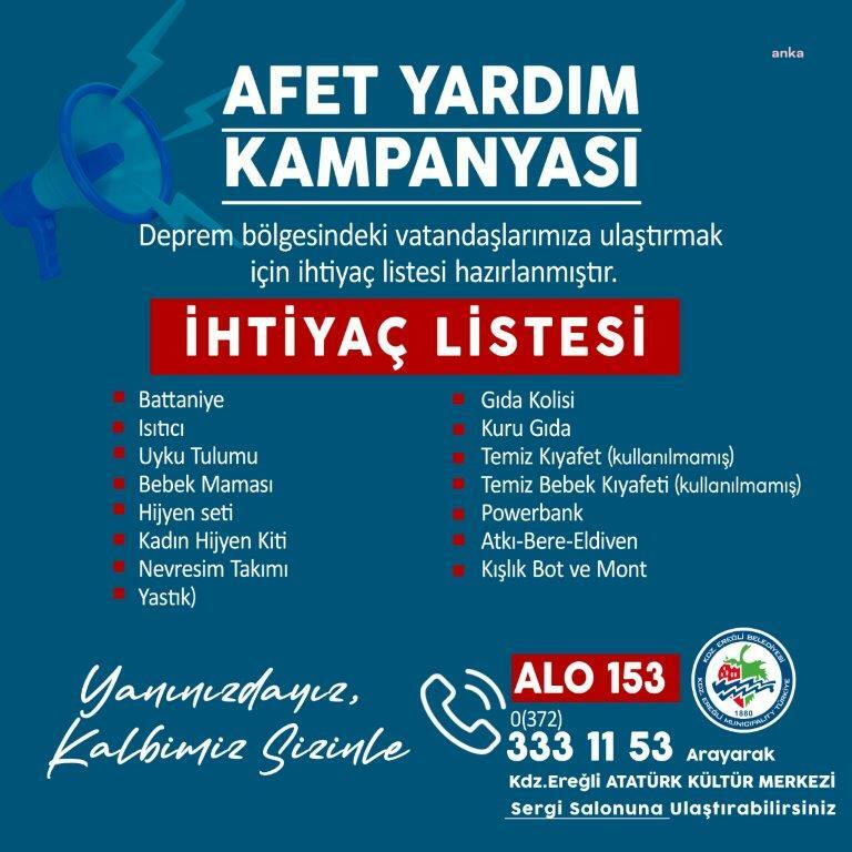 KARADENİZ EREĞLİ BELEDİYESİ, DEPREM BÖLGESİ İÇİN YARDIM KAMPANYASI BAŞLATTI