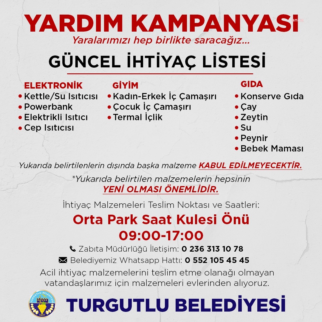 TURGUTLU BELEDİYESİ, DEPREM BÖLGESİ İÇİN YARDIM KAMPANYASINI YENİDEN BAŞLATTI