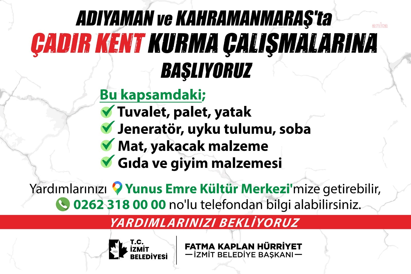 İZMİT BELEDİYESİ’NDEN AFET BÖLGESİNE GÖNDERİLECEK ACİL YARDIM MALZEMELERİ İÇİN DESTEK ÇAĞRISI