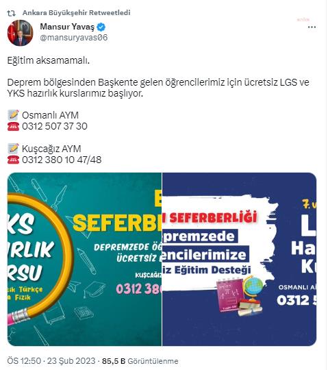 ANKARA BÜYÜKŞEHİR BELEDİYESİ, DEPREMZEDE ÖĞRENCİLER İÇİN LGS VE YKS SINAVLARINA HAZIRLIK KURSU DÜZENLEYECEK