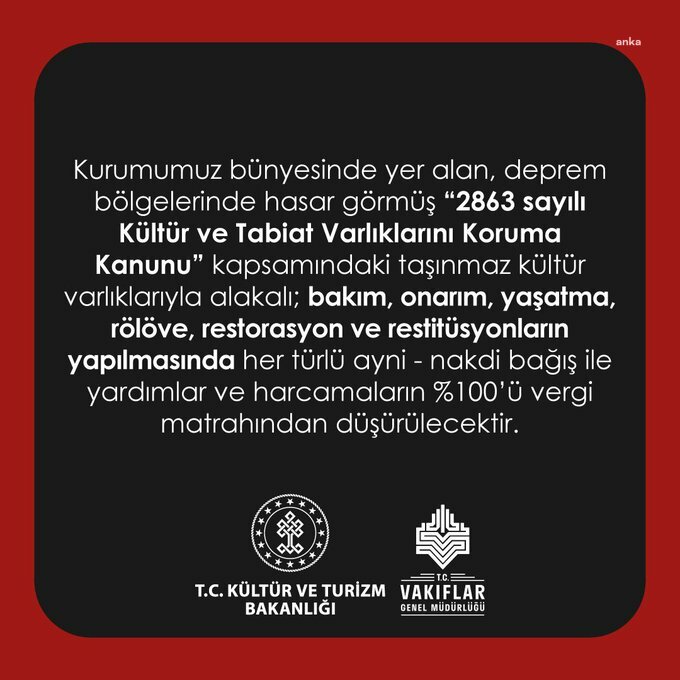 VAKIFLAR GENEL MÜDÜRLÜĞÜ: “DEPREMDE ZARAR GÖREN TAŞINMAZ KÜLTÜR VARLIKLARI İÇİN YAPILAN BAĞIŞ VE YARDIMLARIN YÜZDE 100'ÜNÜN VERGİ MATRAHINDAN DÜŞÜLECEK”