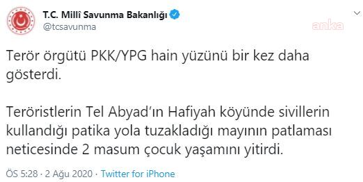 MSB: SURİYE’DE 2 ÇOCUK YAŞAMINI YİTİRDİ