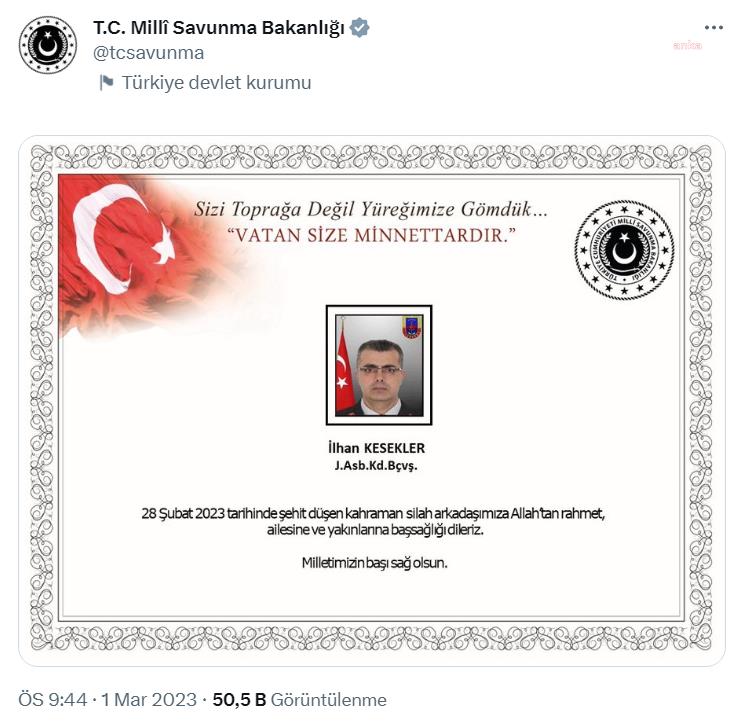 MSB: JANDARMA ASTSUBAY KIDEMLİ BAŞÇAVUŞ İLHAN KESEKLER ŞEHİT OLDU