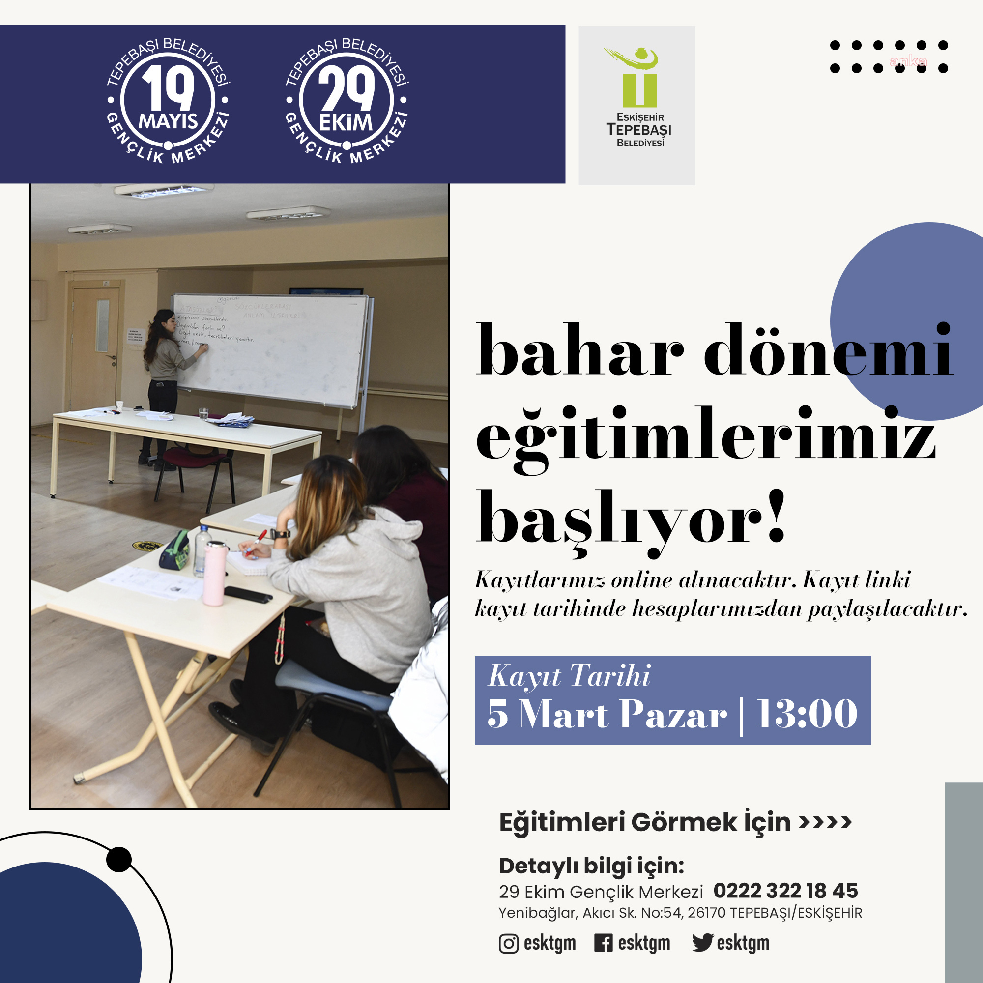 TEPEBAŞI BELEDİYESİ GENÇLİK MERKEZLERİ'NDE BAHAR DÖNEMİ EĞİTİMLERİ BAŞLIYOR