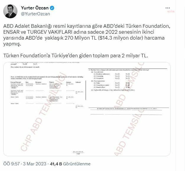 CHP ABD TEMSİLCİSİ ÖZCAN: "TÜRKEN FOUNDATİON, ENSAR VE TÜRGEV ADINA SADECE 2022 SENESİNİN İKİNCİ YARISINDA 270 MİLYON TL HARCAMA YAPMIŞ. TÜRKİYE’DEN GİDEN PARA 2 MİLYAR TL"