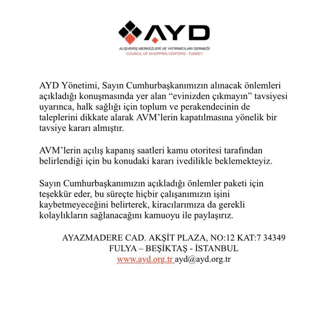 AVM'LERİN KAPATILMASINA YÖNELİK TAVSİYE KARARI