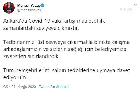 ABB BAŞKANI YAVAŞ: ANKARA'DA KORONA VAKALARI İLK ZAMANKİ SEVİYEYE ÇIKTI