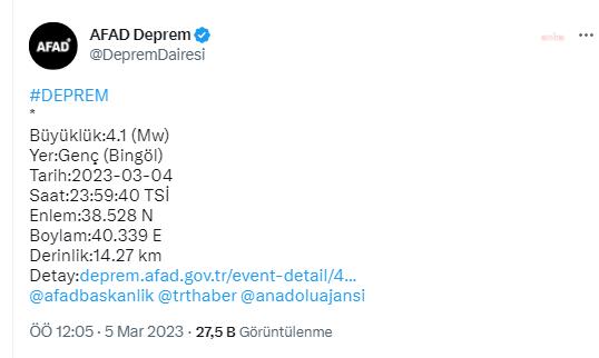 BİNGÖL’ÜN GENÇ İLÇESİNDE 4.1 BÜYÜKLÜĞÜNDE DEPREM OLDU