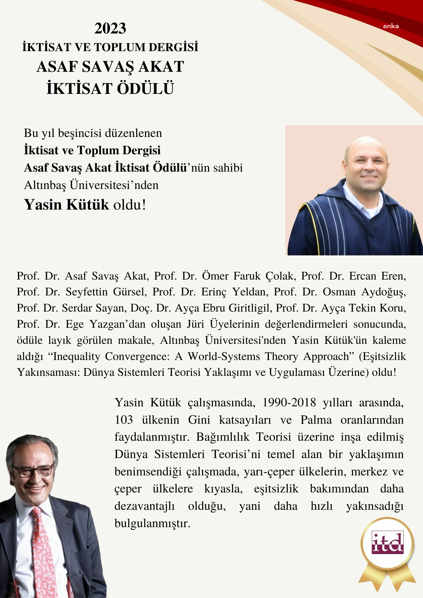 İKTİSAT VE TOPLUM DERGİSİ ASAF SAVAŞ AKAT İKTİSAT ÖDÜLÜ, BU YIL ALTINBAŞ ÜNİVERSİTESİ’NDEN YASİN KÜTÜK'E DEĞER GÖRÜLDÜ