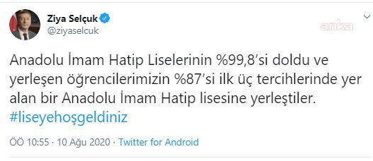 BAKAN SELÇUK: ANADOLU İMAM HATİP LİSELERİNİN YÜZDE 99.8’İ DOLDU