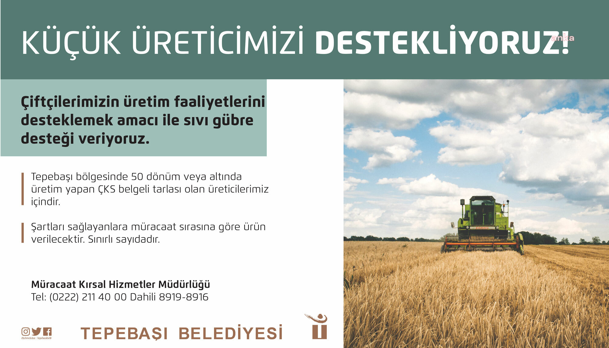TEPEBAŞI BELEDİYESİ’NDEN 50 DÖNÜM VE ALTINDA ÜRETİM YAPAN ÇİFTÇİLERE SIVI GÜBRE DESTEĞİ