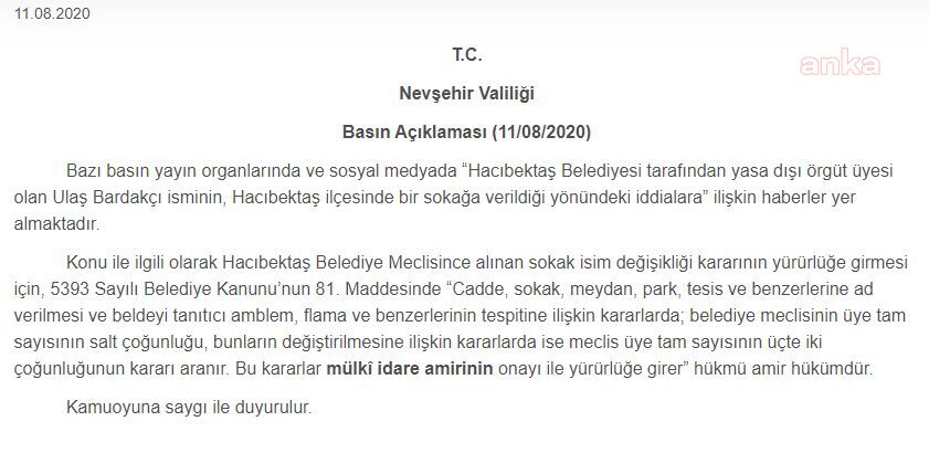 NEVŞEHİR VALİLİĞİ’NDEN ULAŞ BARDAKÇI AÇIKLAMASI