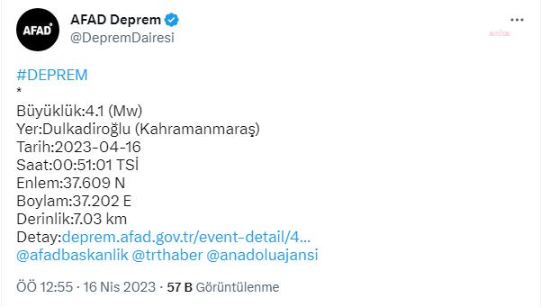 KAHRAMANMARAŞ’IN DULKADİROĞLU İLÇESİNDE 4.1 BÜYÜKLÜĞÜNDE DEPREM