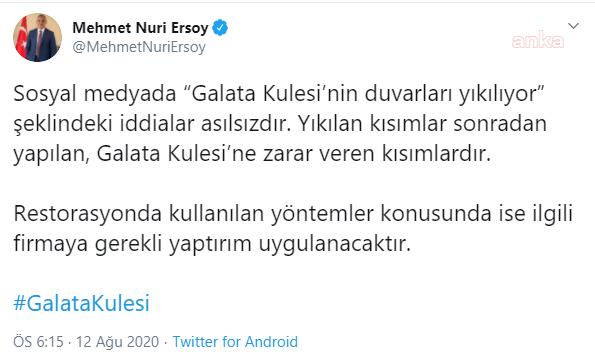 BAKAN ERSOY'DAN 'GALATA' AÇIKLAMASI: İDDİALAR ASILSIZ, YIKILAN KULEYE ZARAR VEREN KISIMLAR