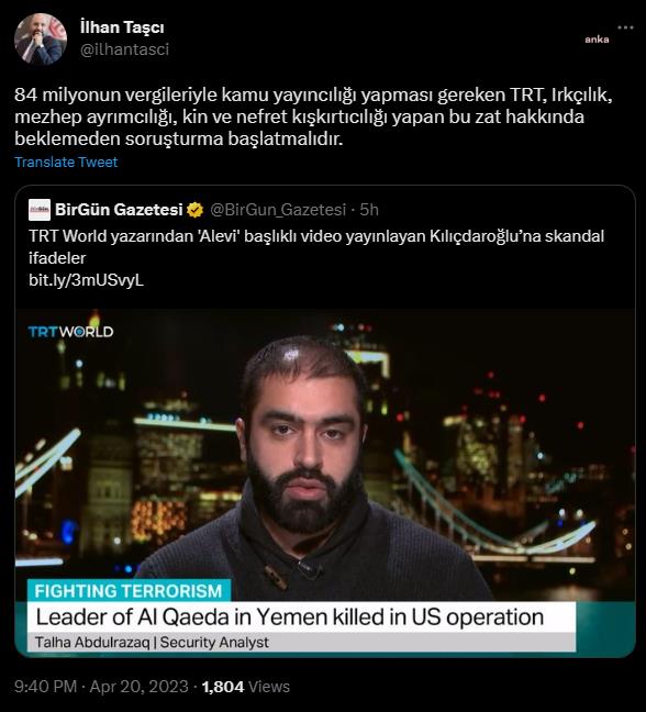 İLHAN TAŞCI: TRT, IRKÇILIK, MEZHEP AYRIMCILIĞI, KİN VE NEFRET KIŞKIRTICILIĞI YAPAN BU ZAT HAKKINDA BEKLEMEDEN SORUŞTURMA BAŞLATMALIDIR