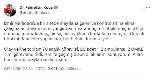FAHRETTİN KOCA’DAN İZMİR’DEKİ SİTE YANGINI AÇIKLAMASI: “YANGINDAN 7 VATANDAŞIMIZ ETKİLENMİŞTİR. 6 KİŞİ DUMANA MARUZ KALMIŞ, BİR KİŞİNİN AYAĞINDA BURKULMA OLMUŞTUR. GEREKLİ TIBBİ MÜDAHALELER YAPILMIŞTIR, HER BİRİNİN DURUMU İYİDİR”