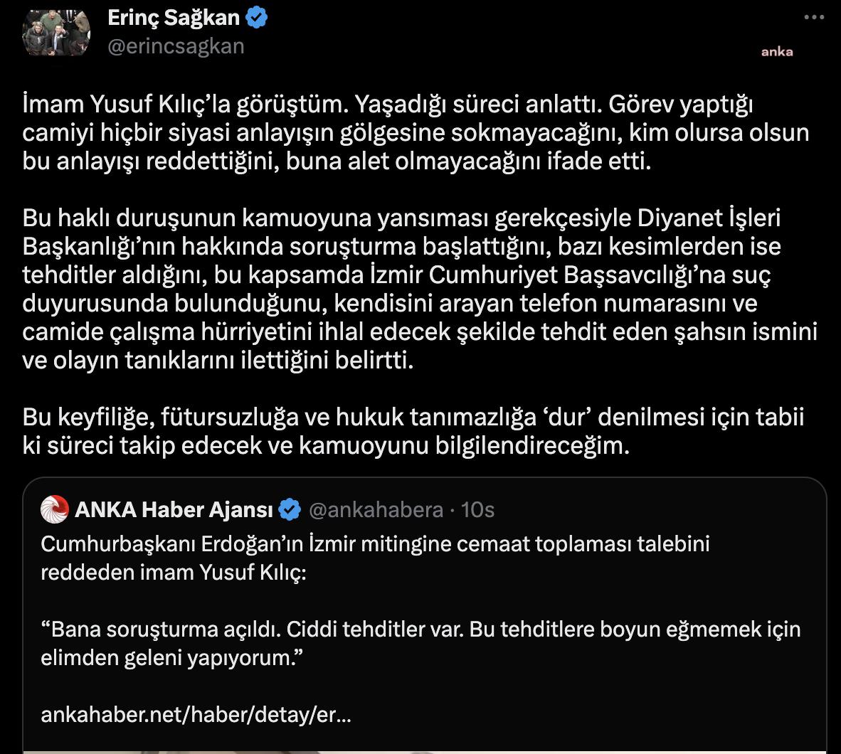 TBB BAŞKANI ERİNÇ SAĞKAN, ERDOĞAN’IN MİTİNGİNE CEMAAT TOPLAMA TALEBİNİ REDDEDEN VE HAKKINDA SORUŞTURMA AÇILAN İMAM İLE GÖRÜŞTÜĞÜNÜ AÇIKLADI: “BU KEYFİLİĞE, FÜTURSUZLUĞA VE HUKUK TANIMAZLIĞA ‘DUR’ DENİLMESİ İÇİN SÜRECİ TAKİP EDECEĞİM”