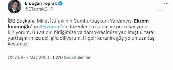 ERDOĞAN TOPRAK’TAN İMAMOĞLU’NA YÖNELİK PROVOKASYONA TEPKİ: BU SALDIRI DEMOKRASİMİZE YAPILMIŞTIR