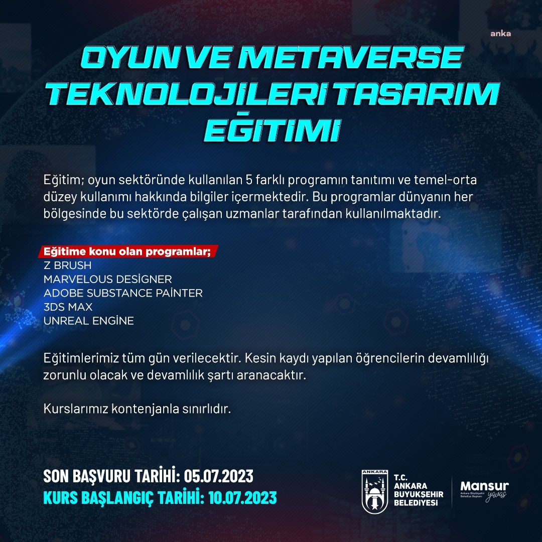 ANKARA BÜYÜKŞEHİR BELEDİYESİ’NDEN ‘OYUN VE METAVERSE TEKNOLOJİLERİ TASARIM EĞİTİMİ’