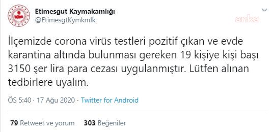 ANKARA’DA KORONA KARANTİNASINI DELEN 19 KİŞİYE PARA CEZASI