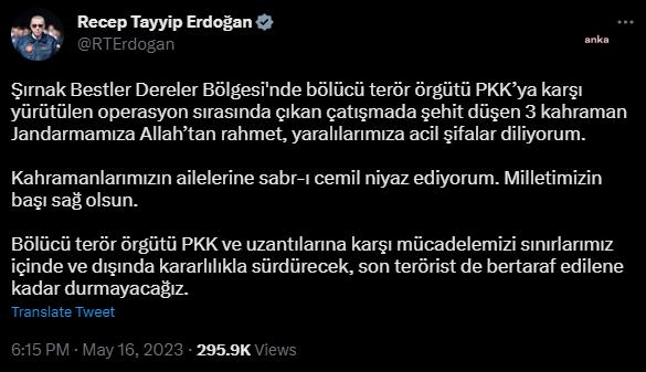 CUMHURBAŞKANI ERDOĞAN'DAN ŞIRNAK'TA ŞEHİT DÜŞEN ASKERLER İÇİN TAZİYE MESAJI