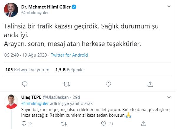 ORDU BÜYÜKŞEHİR BELEDİYE BAŞKANI HİLMİ GÜLER TRAFİK KAZASI GEÇİRDİ