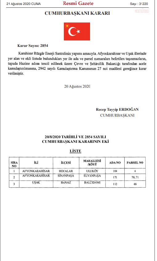 KARAHİSAR RÜZGAR ENERJİ SANTRALİ İÇİN BAKANLIK ‘ACELE’ KAMULAŞTIRMA KARARI VERDİ