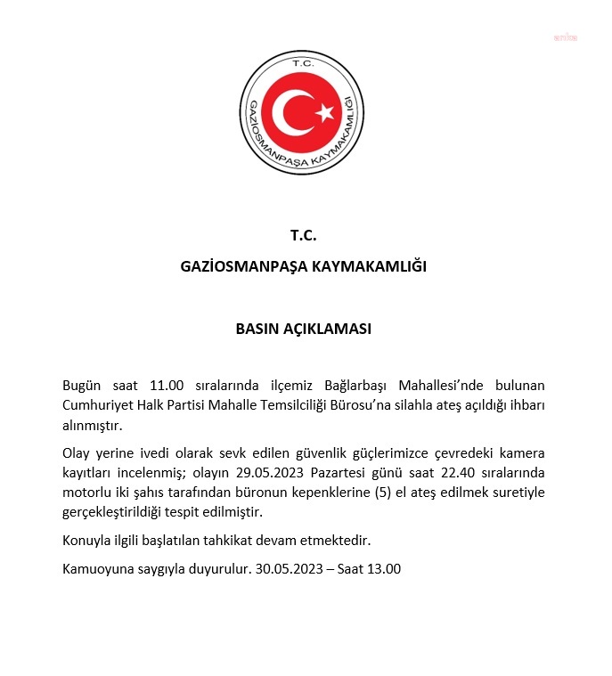 GAZİOSMANPAŞA’DA CHP BÜROSUNA SİLAHLI SALDIRI DÜZENLENDİ