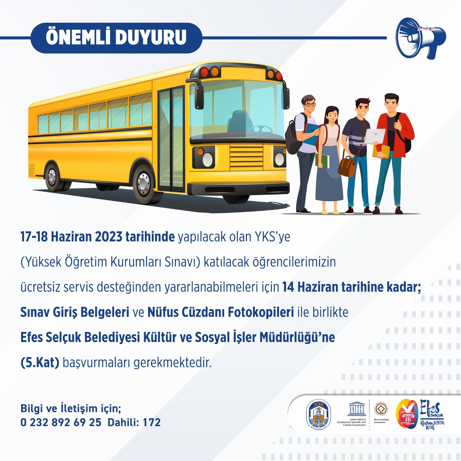 EFES SELÇUK BELEDİYESİ'NDEN YKS’YE GİRECEK ÖĞRENCİLERE ULAŞIM DESTEĞİ