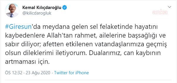 KILIÇDAROĞLU, SEL FELAKETİNDE YAŞAMINI YİTİREN VATANDAŞLARIN AİLELERE BAŞSAĞLIĞI DİLEDİ