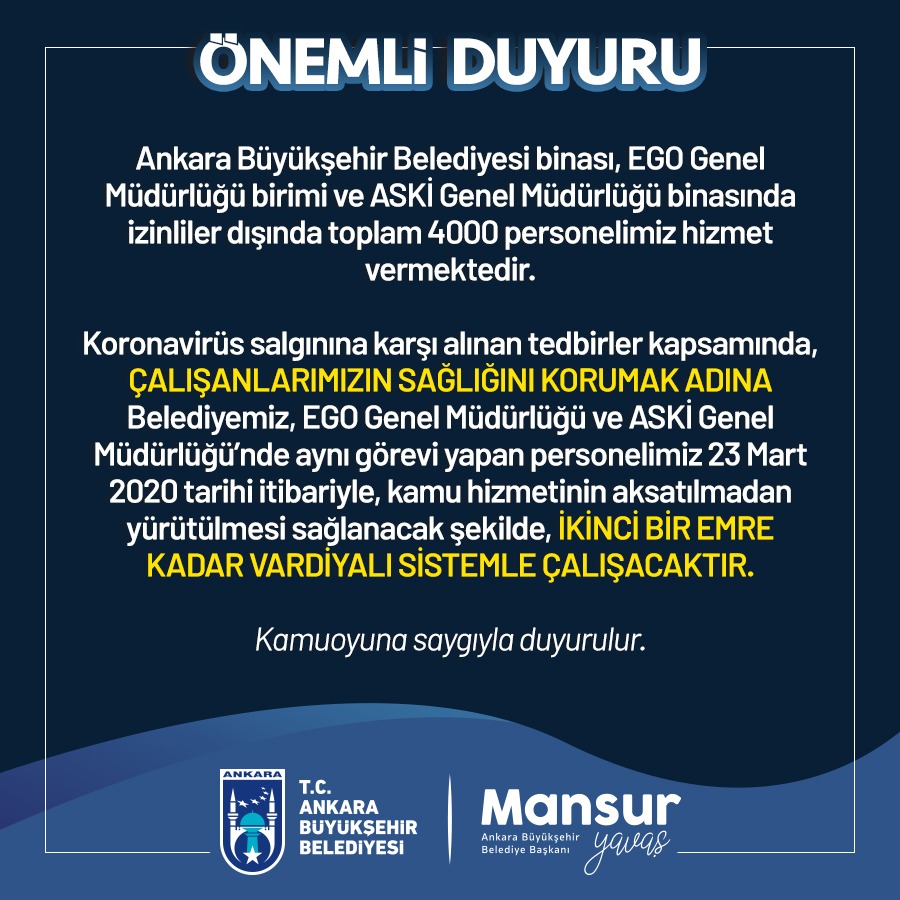 ANKARA BÜYÜKŞEHİR PERSONELİ VARDİYALI SİSTEMLE ÇALIŞACAK!